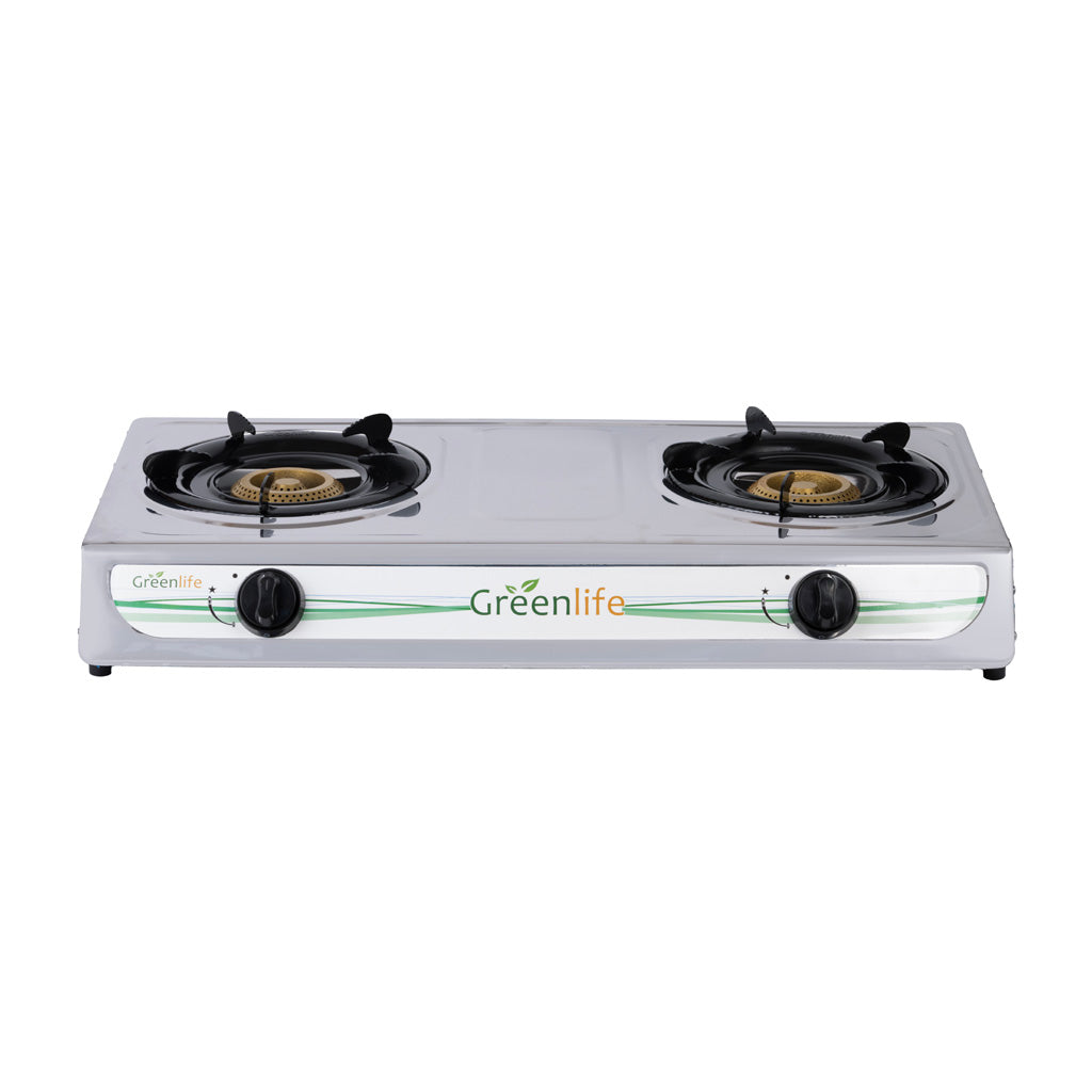 Green Life 2-Burner Stainless Steel Gas Cooker Side View - Compact Kitchen Appliance
