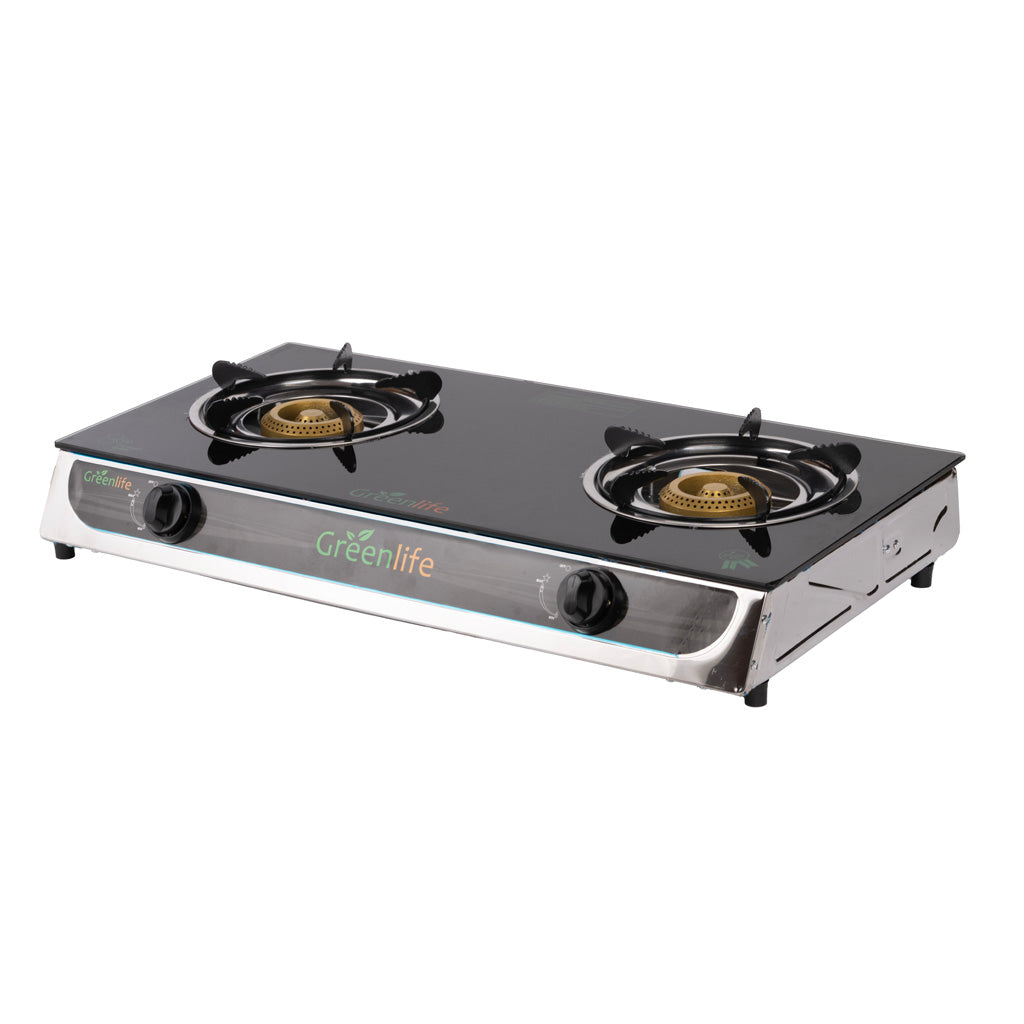 Green Life 2-burner gas cooker side angle view displaying tempered glass surface and burner controls
