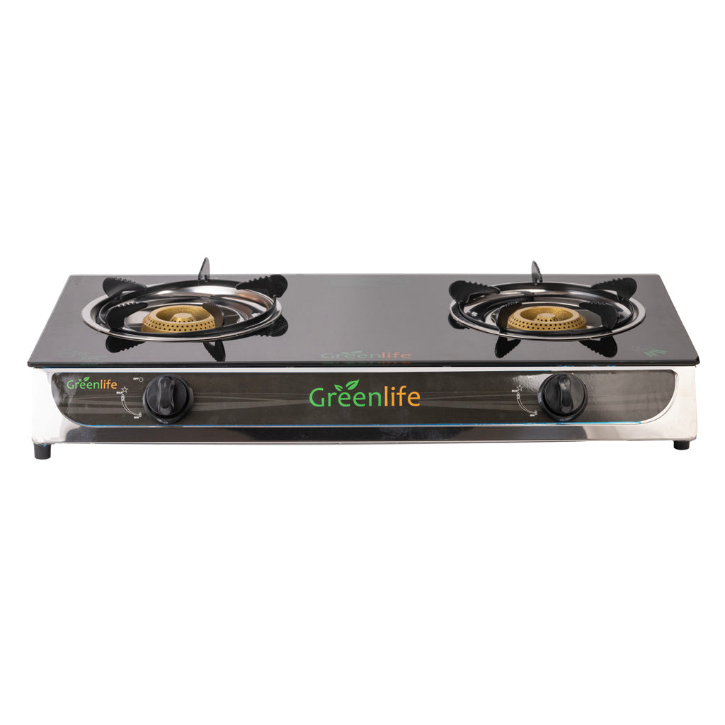 Green Life 2-burner tempered glass gas cooker complete view - ideal for Sri Lankan kitchens
