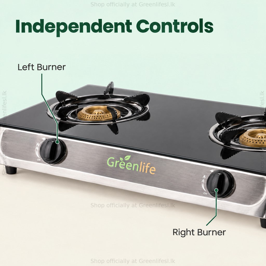 Green Life 2-burner tempered glass top gas cooker with independent left and right burner controls