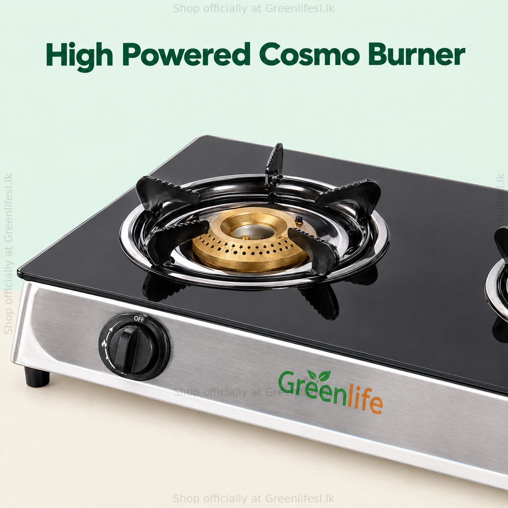 Green Life 2-burner tempered glass top gas cooker, high powered cosmo burner close-up