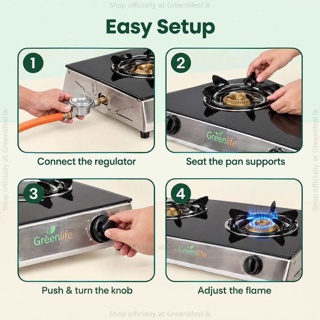 Green Life 2-burner tempered glass top gas cooker setup: connect regulator, seat pan supports, push and turn knob