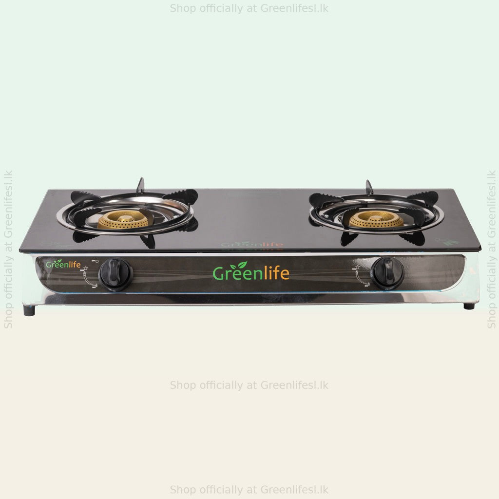 Green Life 2-burner tempered glass top gas cooker, front view of the steel panel and two knobs