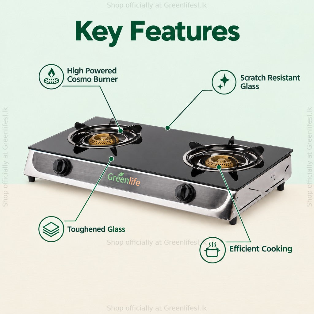 Green Life 2-burner tempered glass top gas cooker features: cosmo burners, scratch resistant toughened glass
