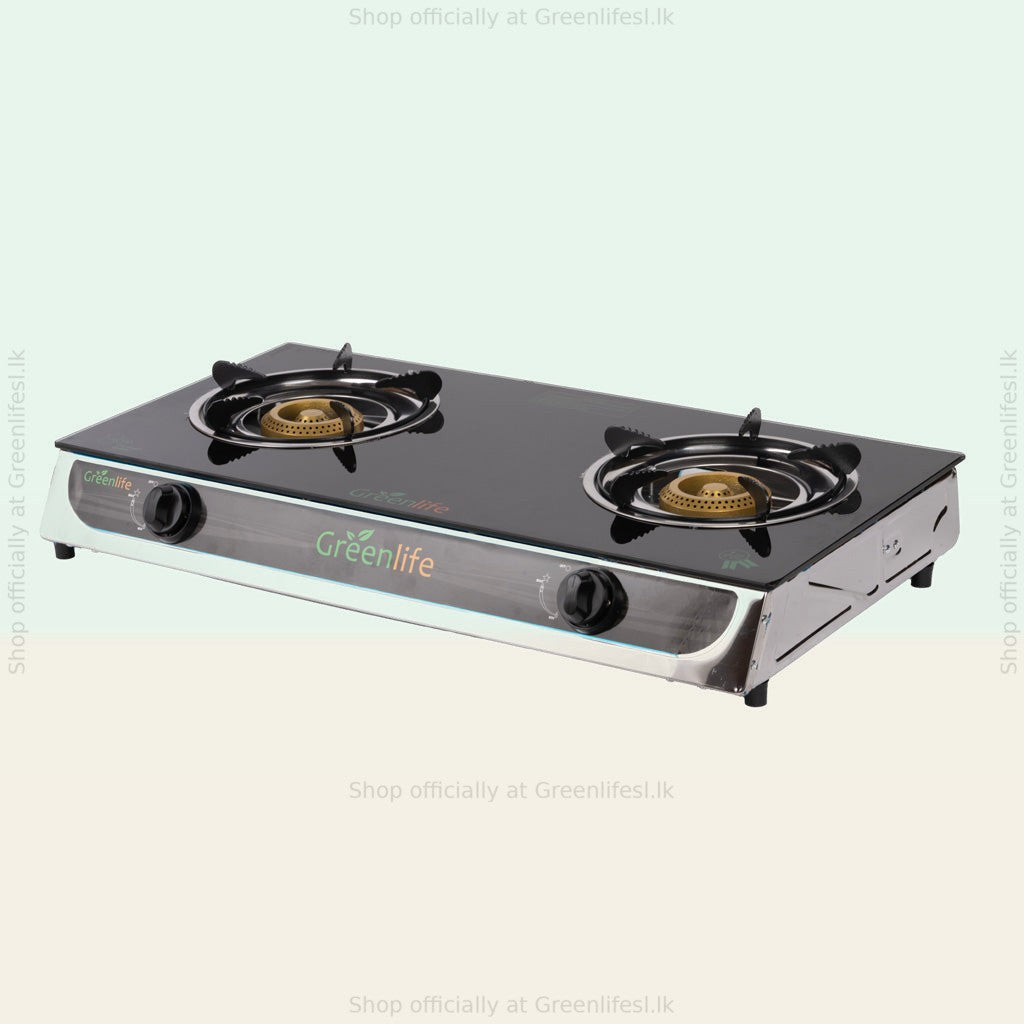 Green Life 2-burner tempered glass top gas cooker with brass burners and black pan supports