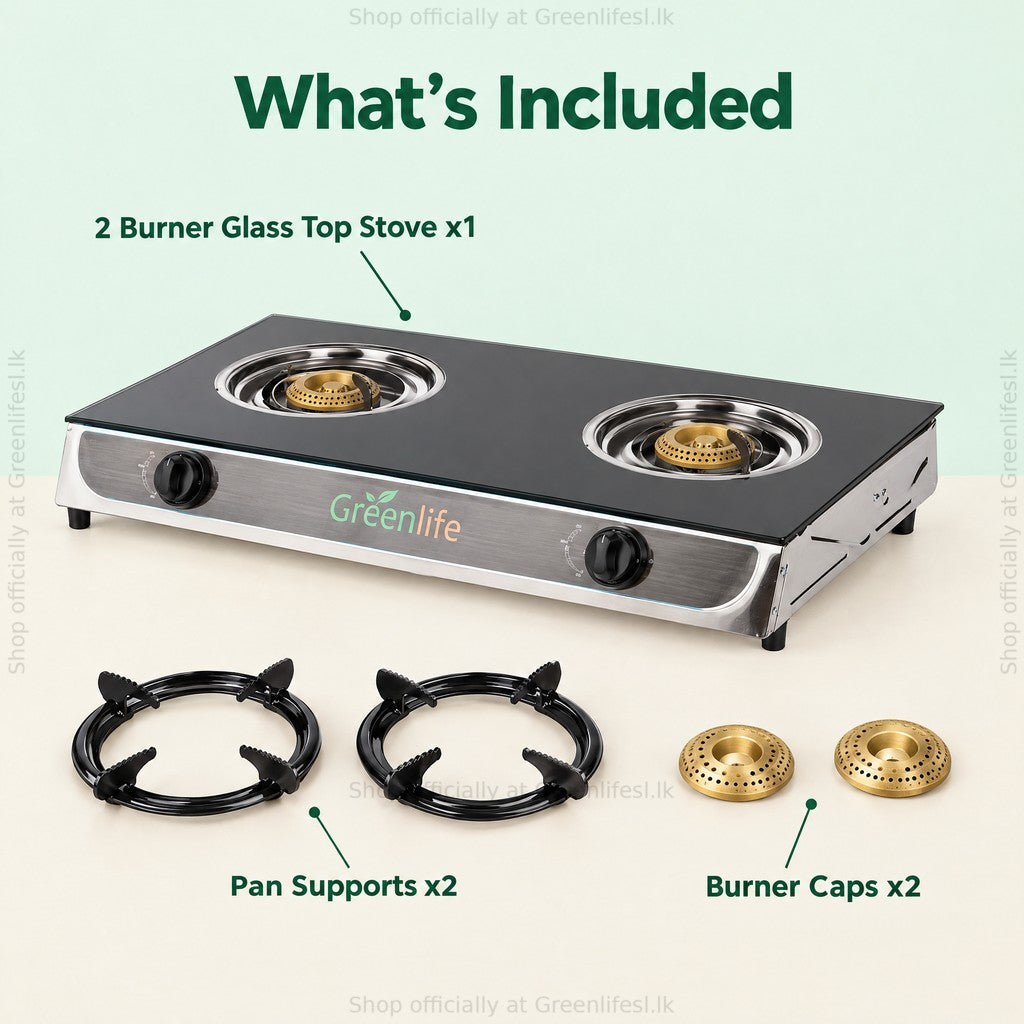 Green Life 2-burner tempered glass top gas cooker, what's included: stove, 2 pan supports, 2 burner caps