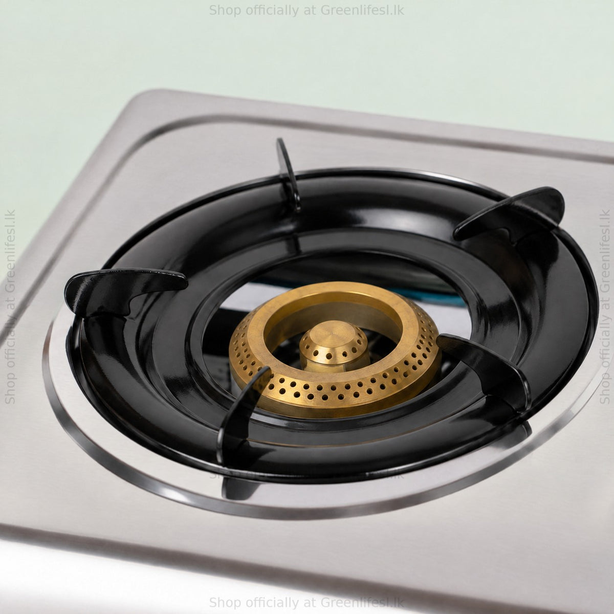 Close-up of a brass burner and pan support on the Green Life 2-burner stainless steel gas cooker