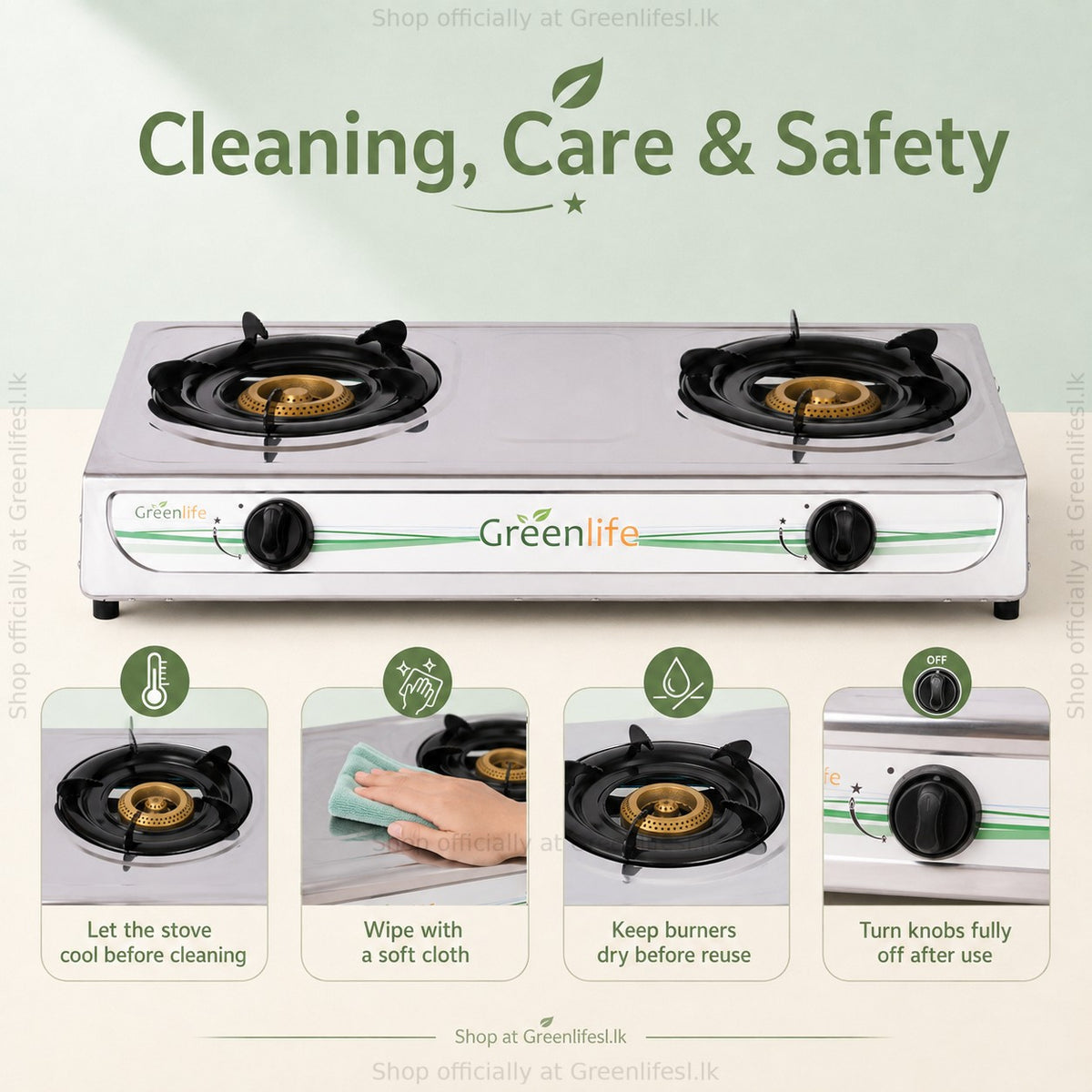 Green Life 2-burner stainless steel gas cooker care: let it cool, wipe with a soft cloth, turn knobs fully off