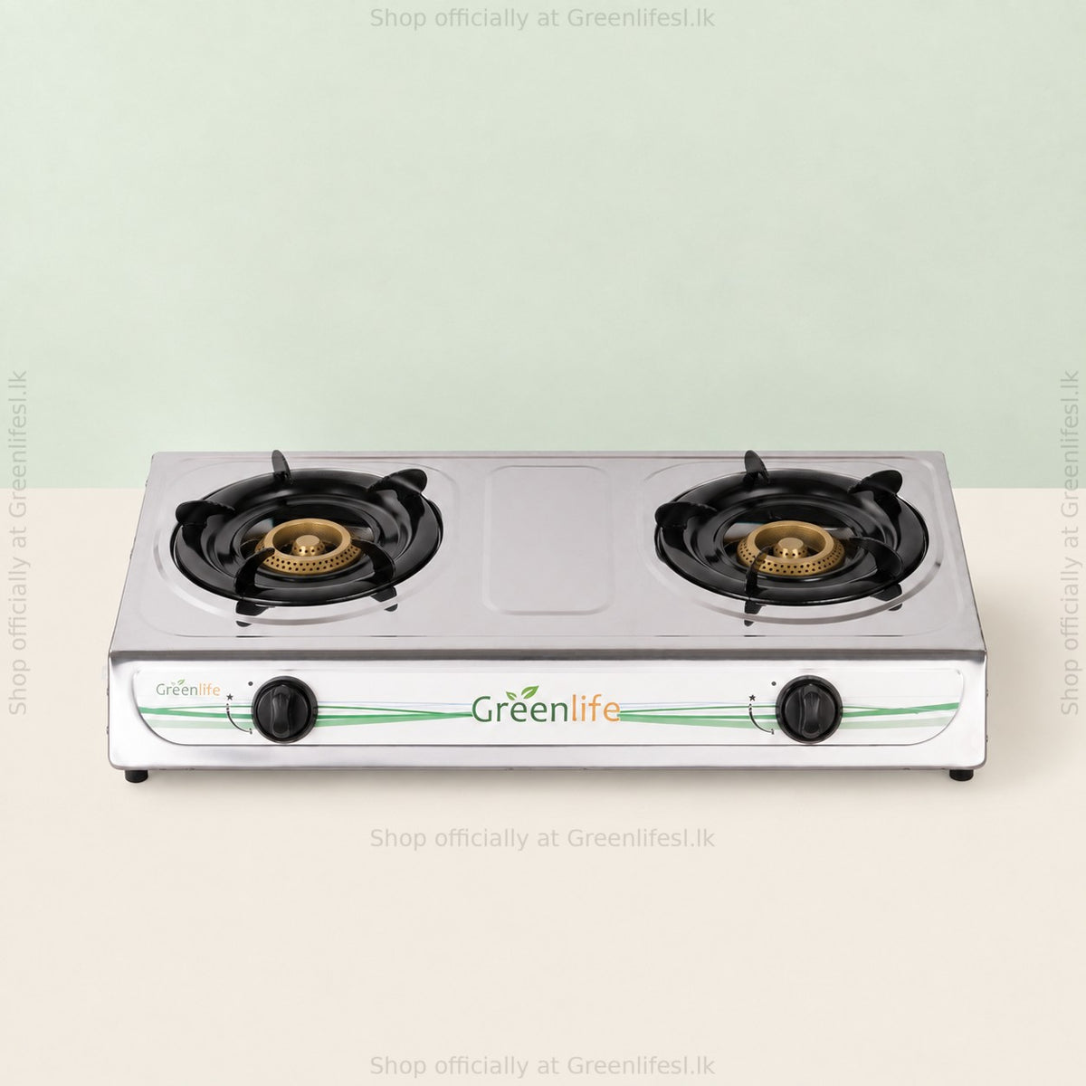 Green Life 2-burner stainless steel gas cooker, front view of the two control knobs and panel