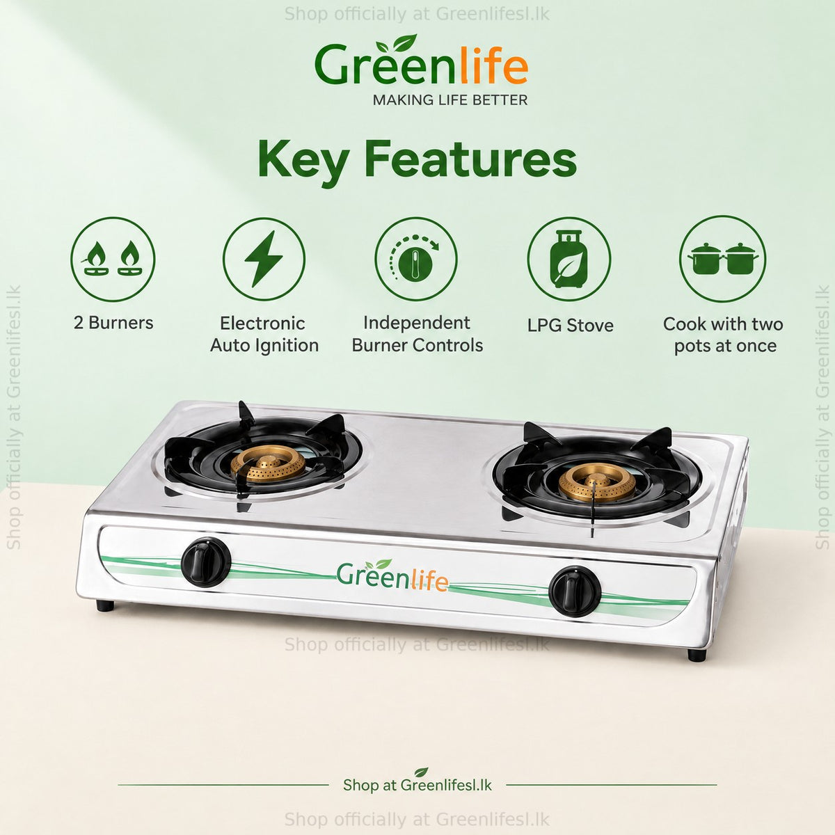 Green Life 2-burner stainless steel gas cooker features: electronic auto ignition, independent burner controls, LPG