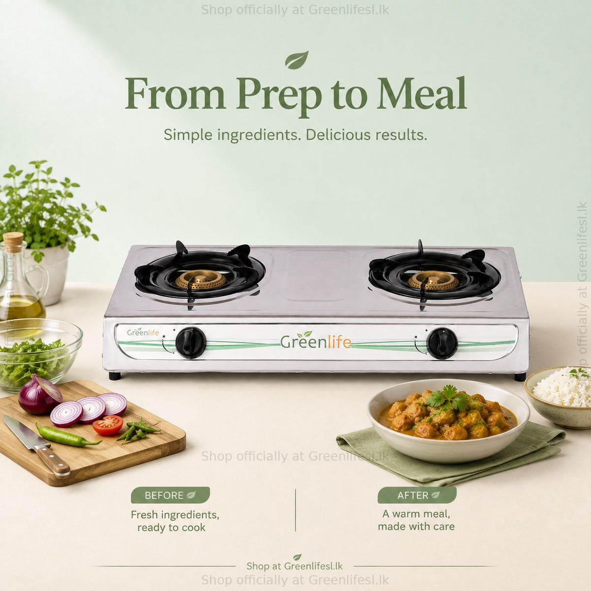 Green Life 2-burner stainless steel gas cooker from fresh ingredients to a warm curry and rice meal