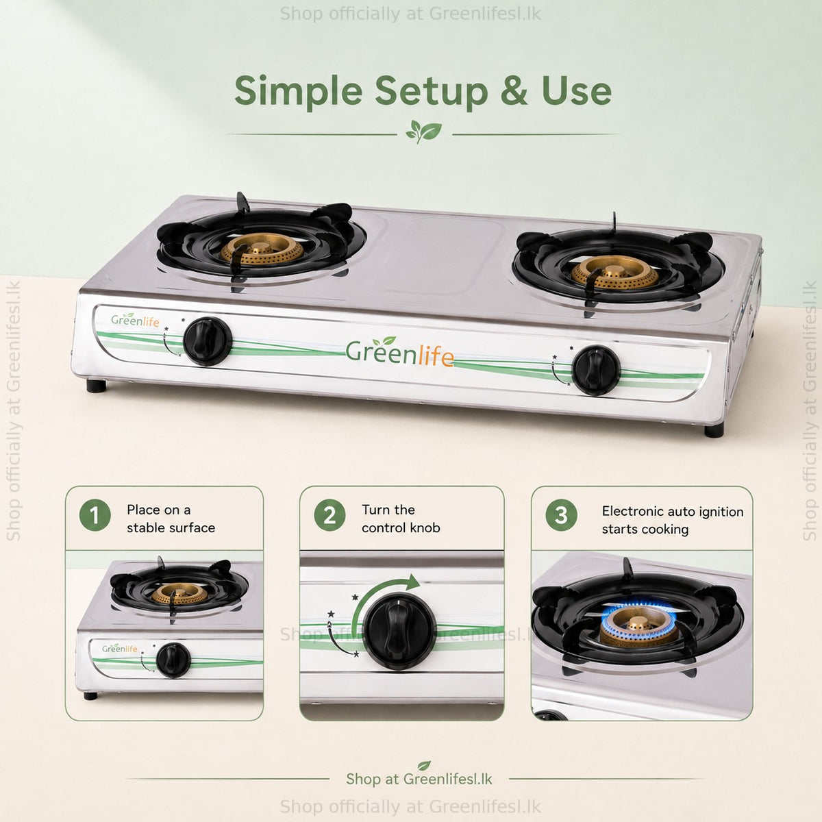 Green Life 2-burner stainless steel gas cooker setup: place on a stable surface, turn the knob, auto ignition lights
