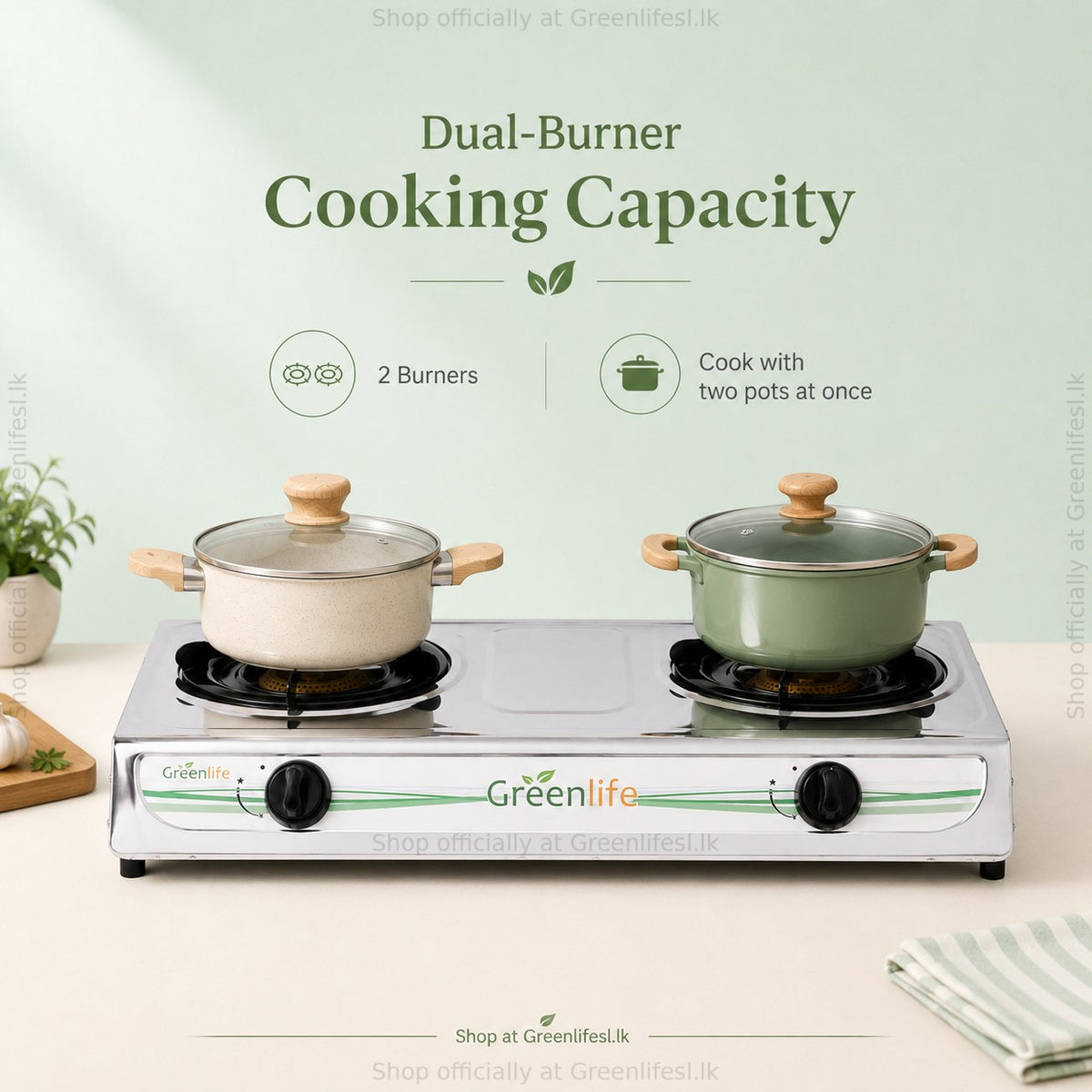Green Life 2-burner stainless steel gas cooker with two pots cooking at once
