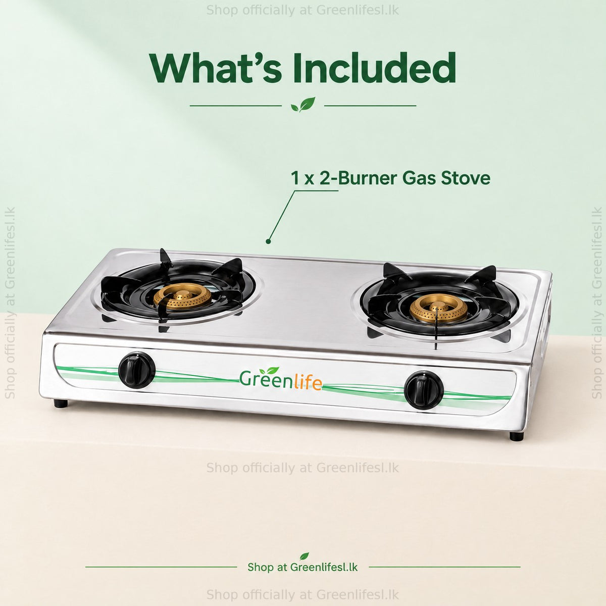 Green Life 2-burner stainless steel gas cooker, what's included: 1 x 2-burner gas stove