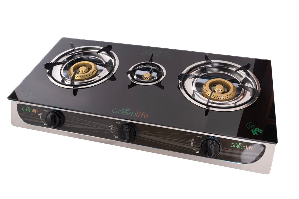 Green Life 3-Burner Gas Stove Specifications - 70cm x 34cm Compact Size for Small Kitchens