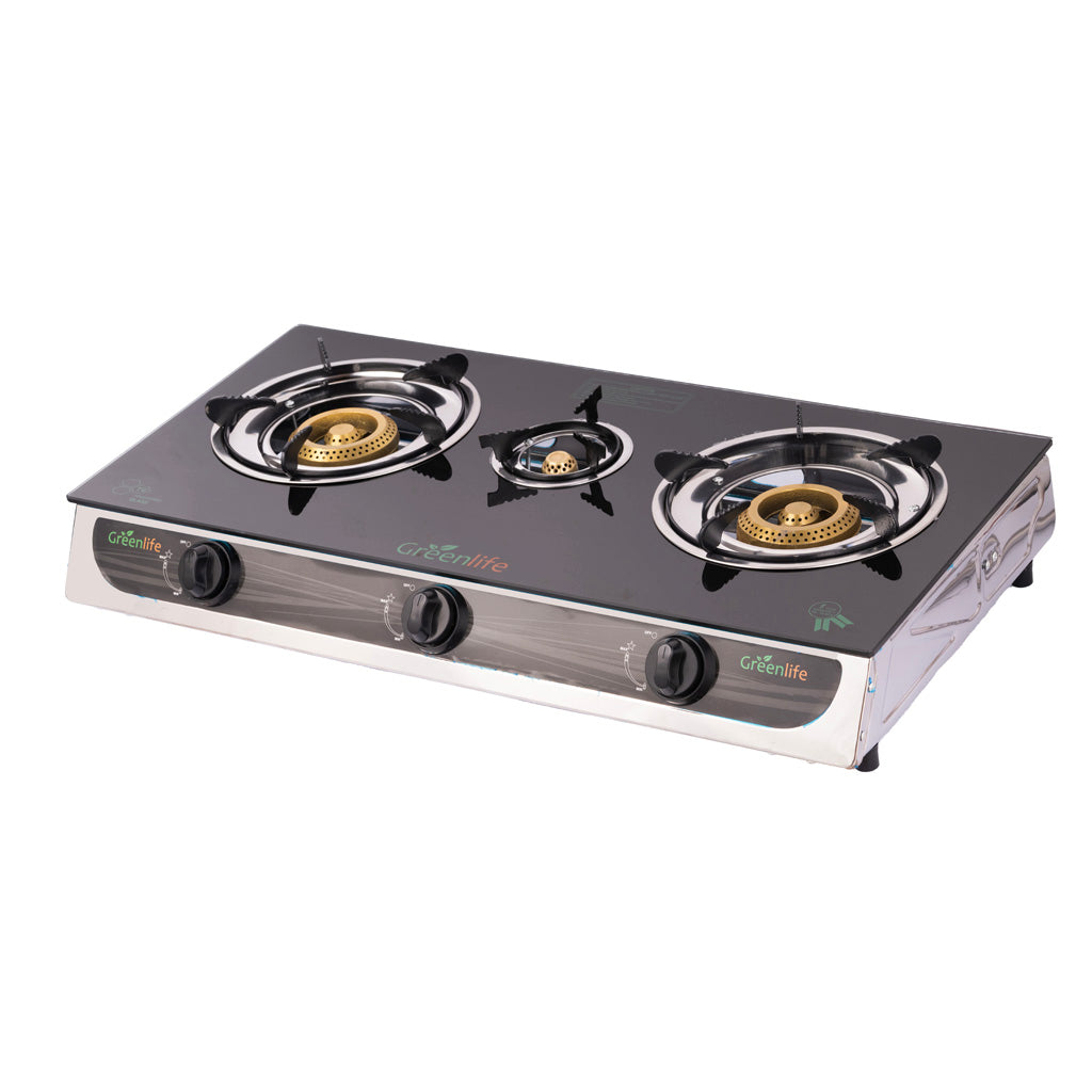 Green Life 3-Burner Gas Stove Side Angle View - Compact Design for Sri Lankan Kitchens