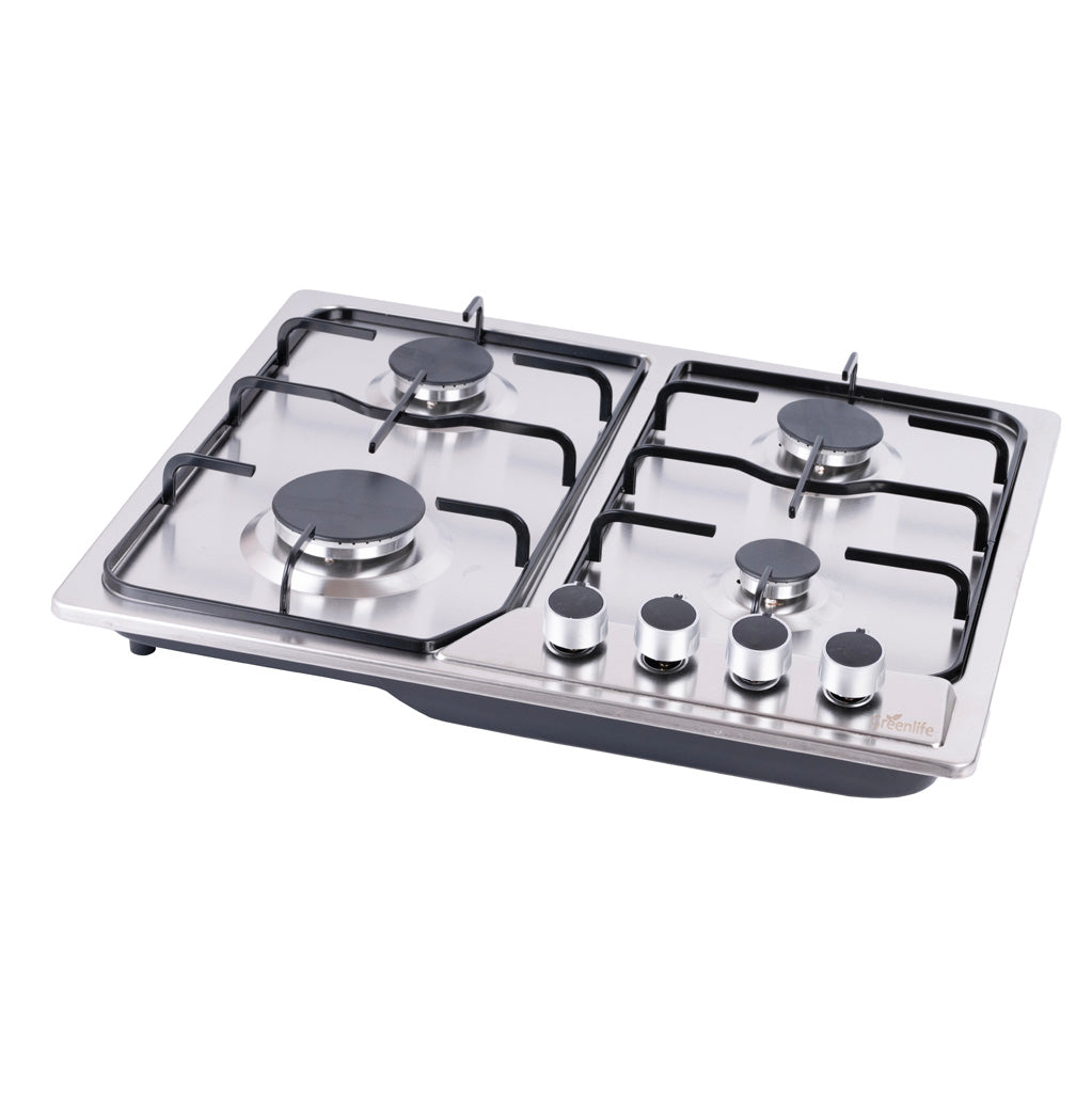 Green Life 4-burner gas hob side angle showing stainless steel finish and burner layout
