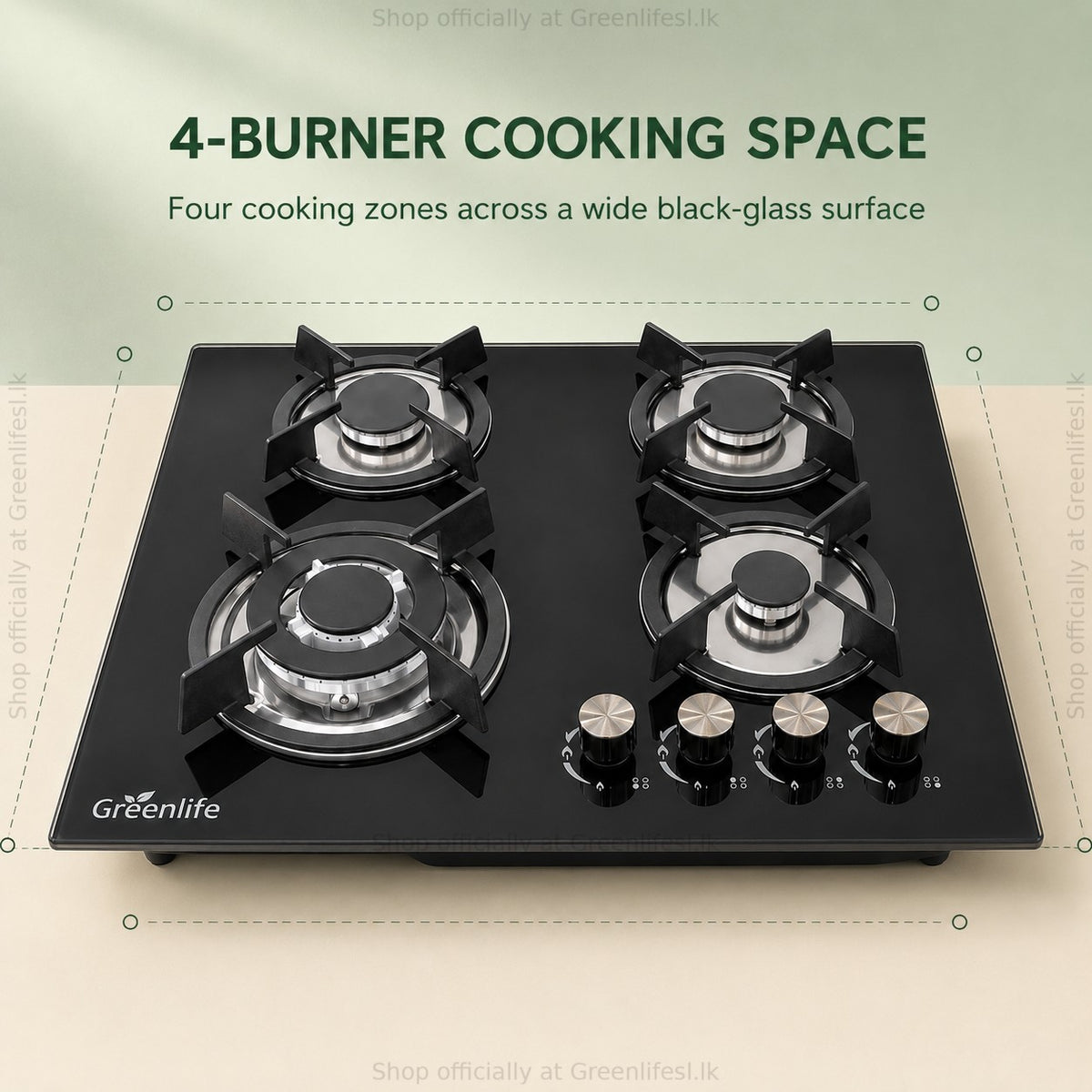 Green Life 4-burner tempered glass gas hob with four cooking zones across a wide black glass surface