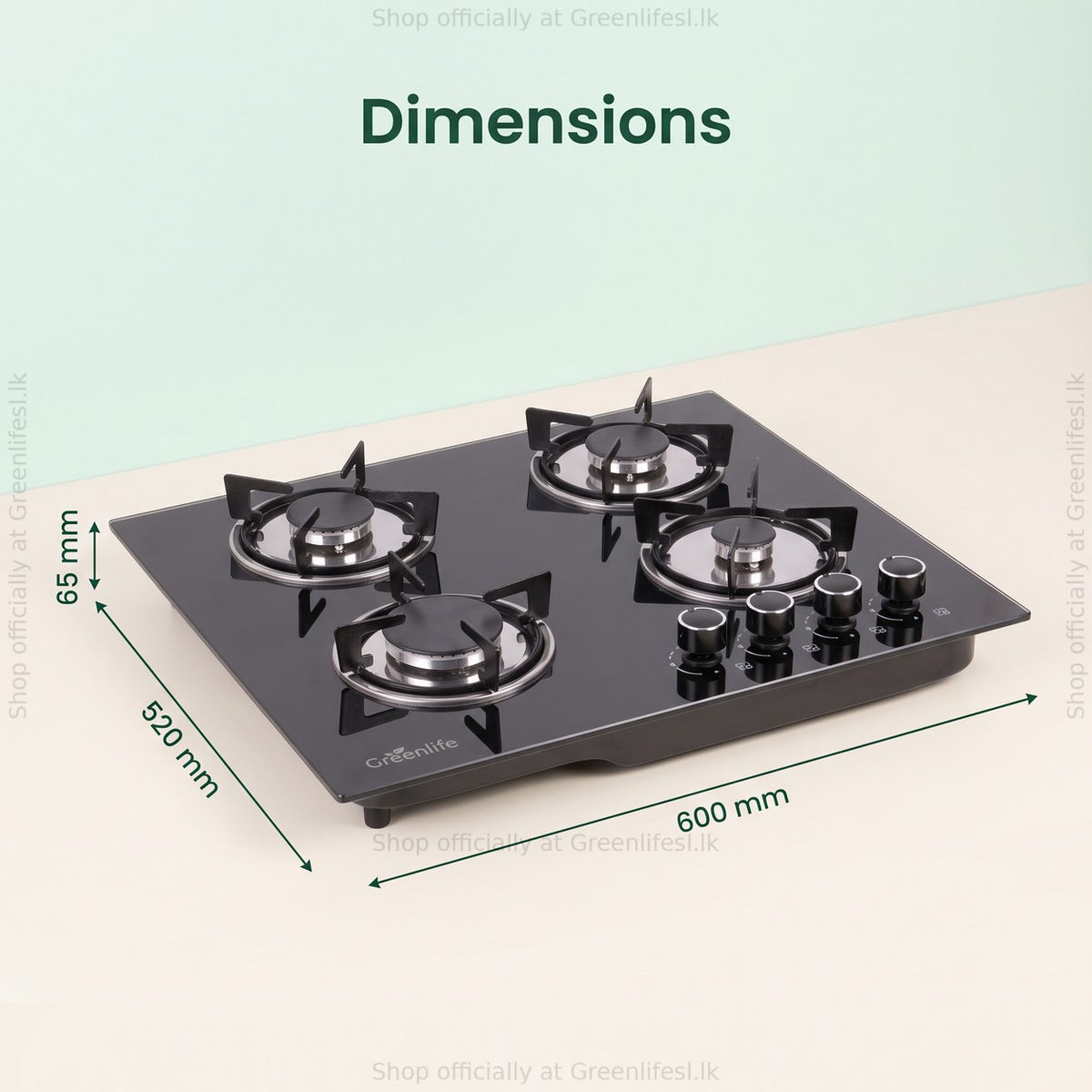 Green Life 4-burner tempered glass gas hob dimensions: 600 x 520 x 65 mm