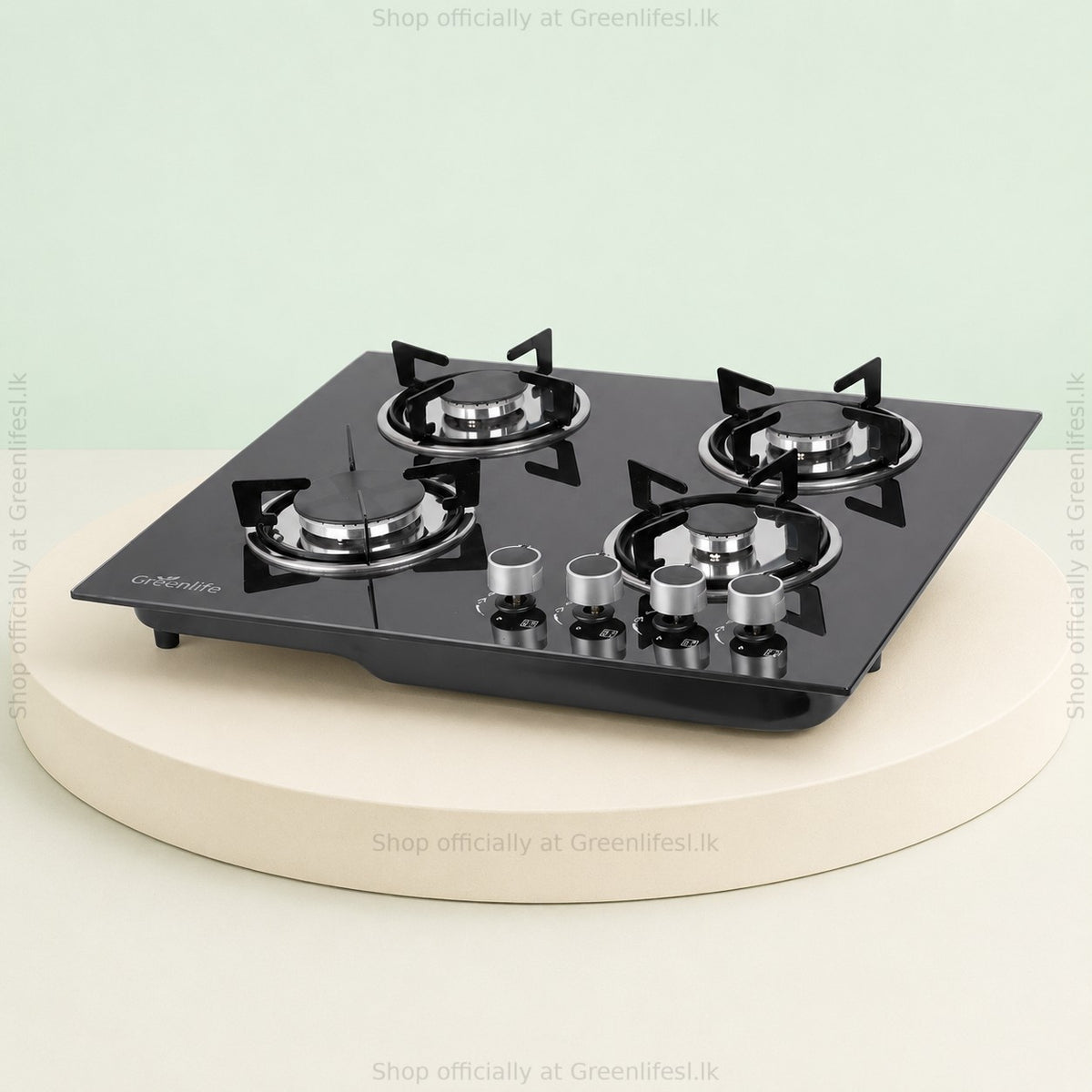 Green Life 4-burner tempered glass built-in gas hob in black with steel burners and four knobs