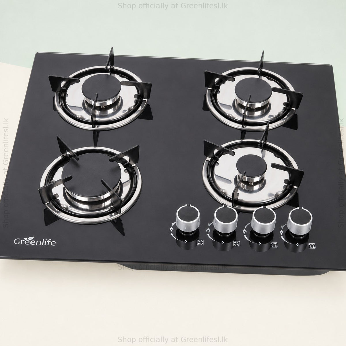 Green Life 4-burner tempered glass gas hob from above showing the 2 x 2 burner layout