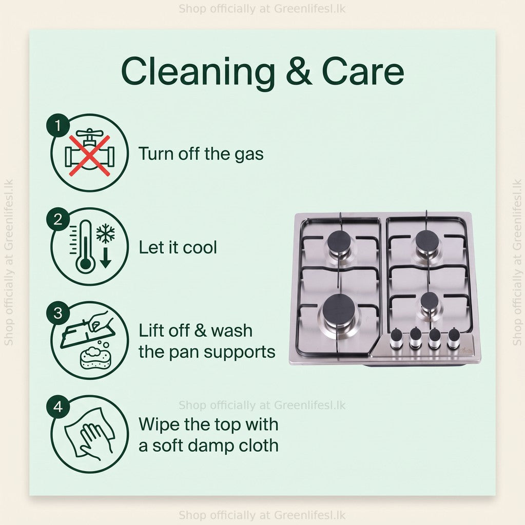 Green Life 4-burner stainless steel gas hob care: turn off gas, let it cool, wash pan supports, wipe the top