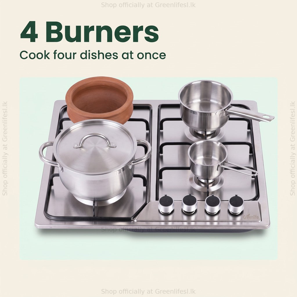 Green Life 4-burner stainless steel gas hob cooking four dishes at once