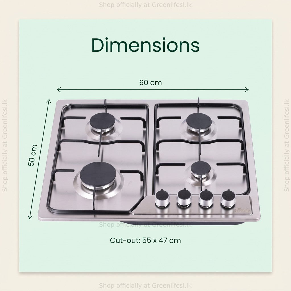 Green Life 4-burner stainless steel gas hob dimensions: 60 x 50 cm, cut-out 55 x 47 cm