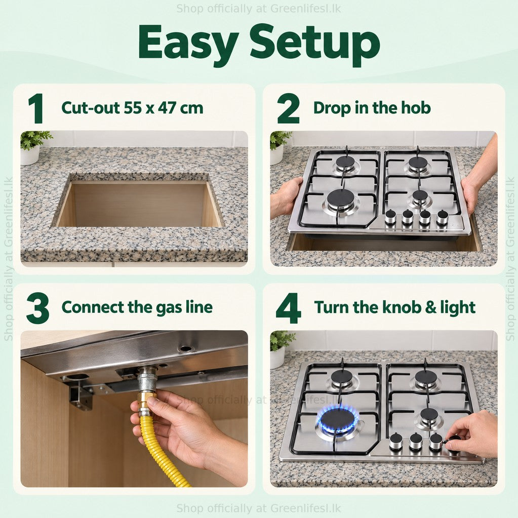 Green Life 4-burner stainless steel gas hob setup: 55 x 47 cm cut-out, drop in, connect gas, turn knob and light