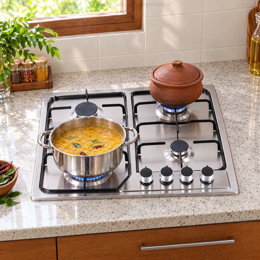 Green Life 4-burner stainless steel gas hob in a granite counter cooking dal and a clay pot