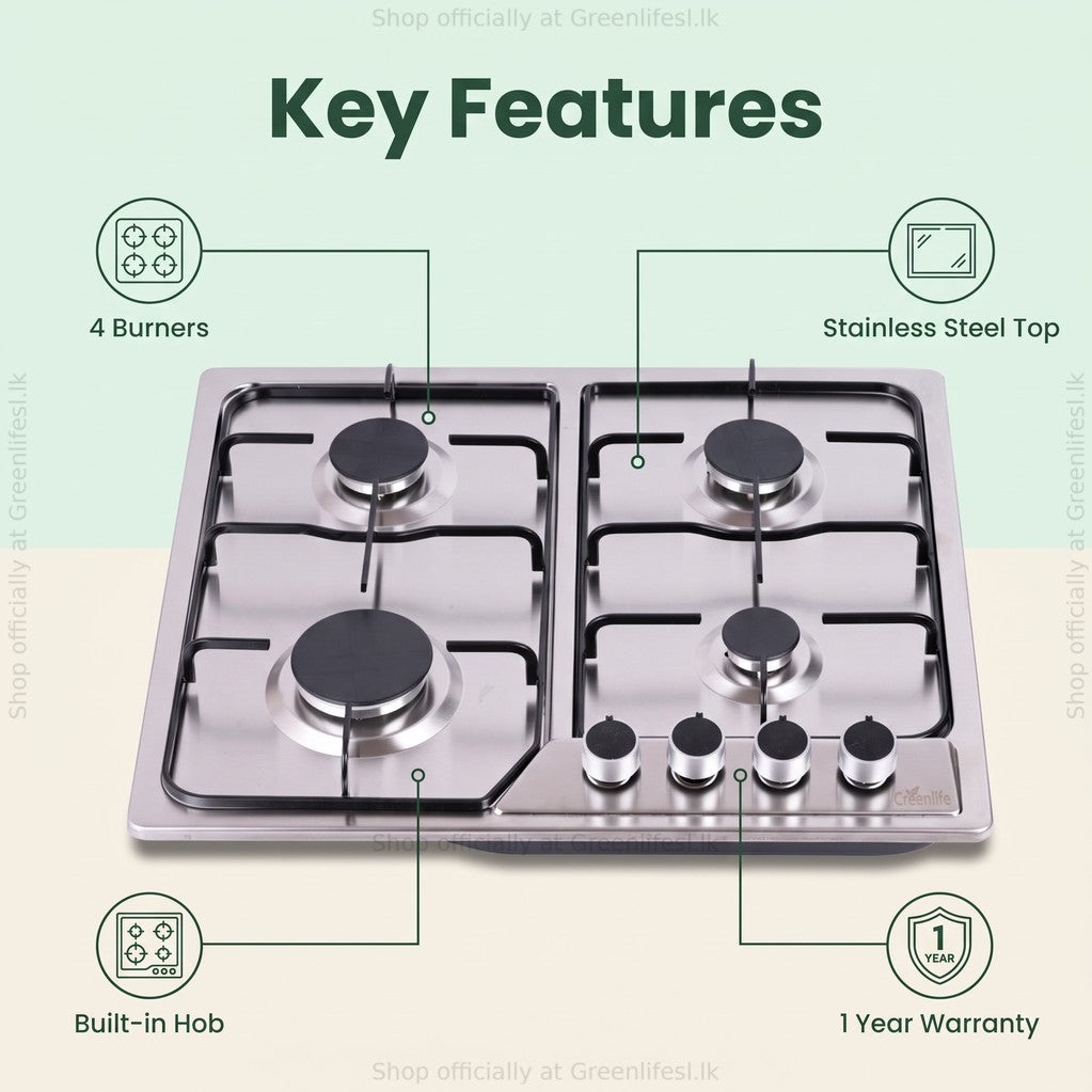 Green Life 4-burner stainless steel gas hob features: 4 burners, stainless steel top, built-in, 1 year warranty