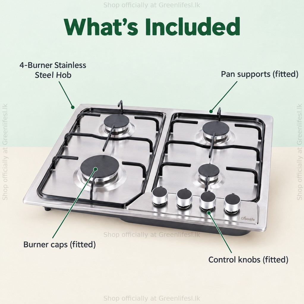 Green Life 4-burner stainless steel gas hob, what's included: hob with pan supports, burner caps and knobs fitted