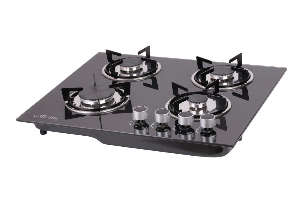 Green Life 4-burner tempered glass built-in gas hob with sleek black surface and stainless steel burners for Sri Lankan kitchens