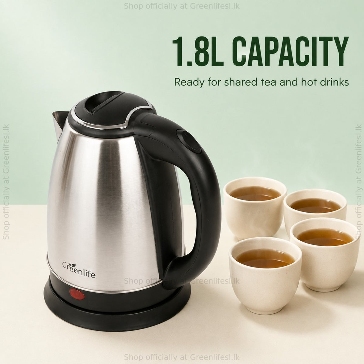 Green Life 1.8L stainless steel electric kettle with four cups of tea, 1.8L capacity