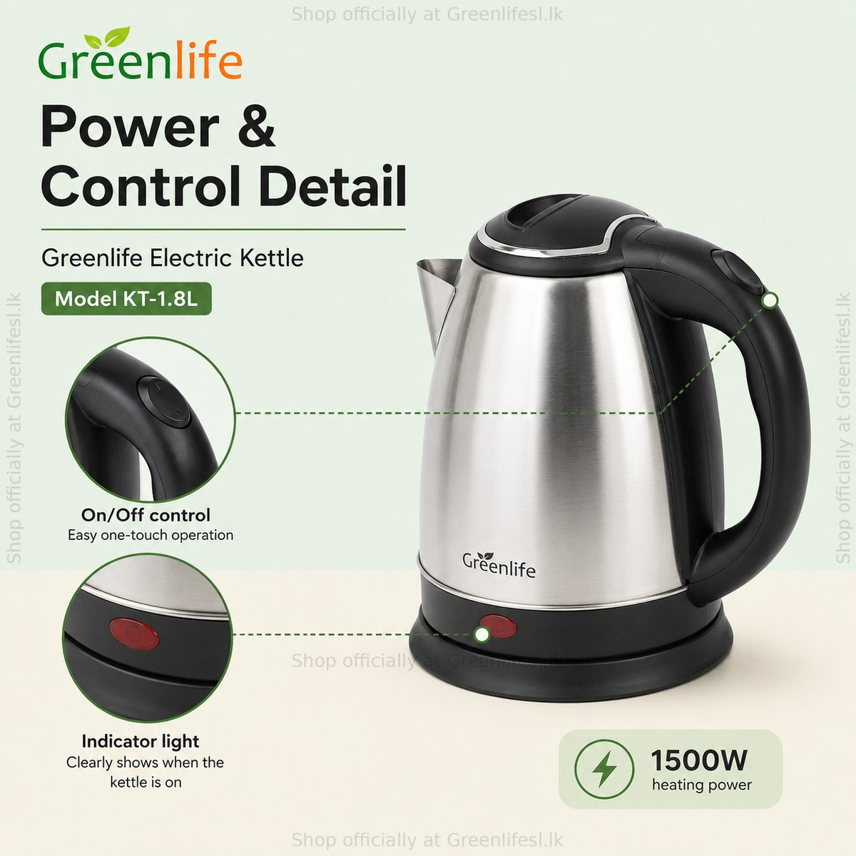Green Life 1.8L stainless steel electric kettle controls: one-touch on/off switch, indicator light, 1500W