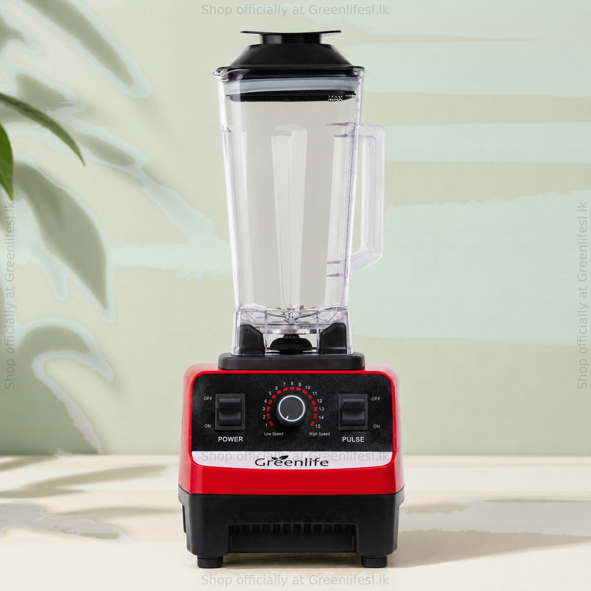 Green Life electric juicer blender 300W, front view of the jar, speed dial and power and pulse switches