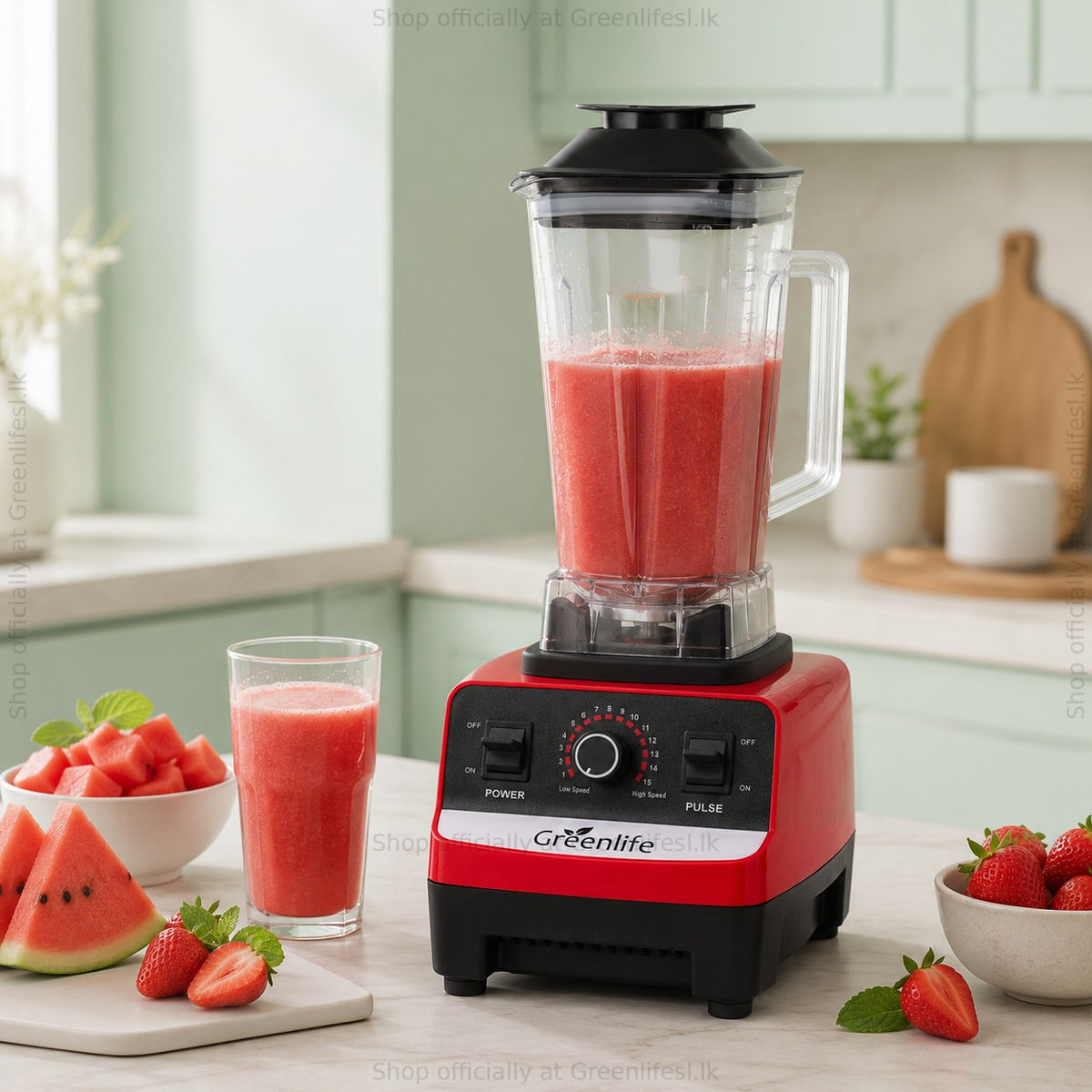 Green Life electric juicer blender 300W with fresh watermelon juice, watermelon and strawberries