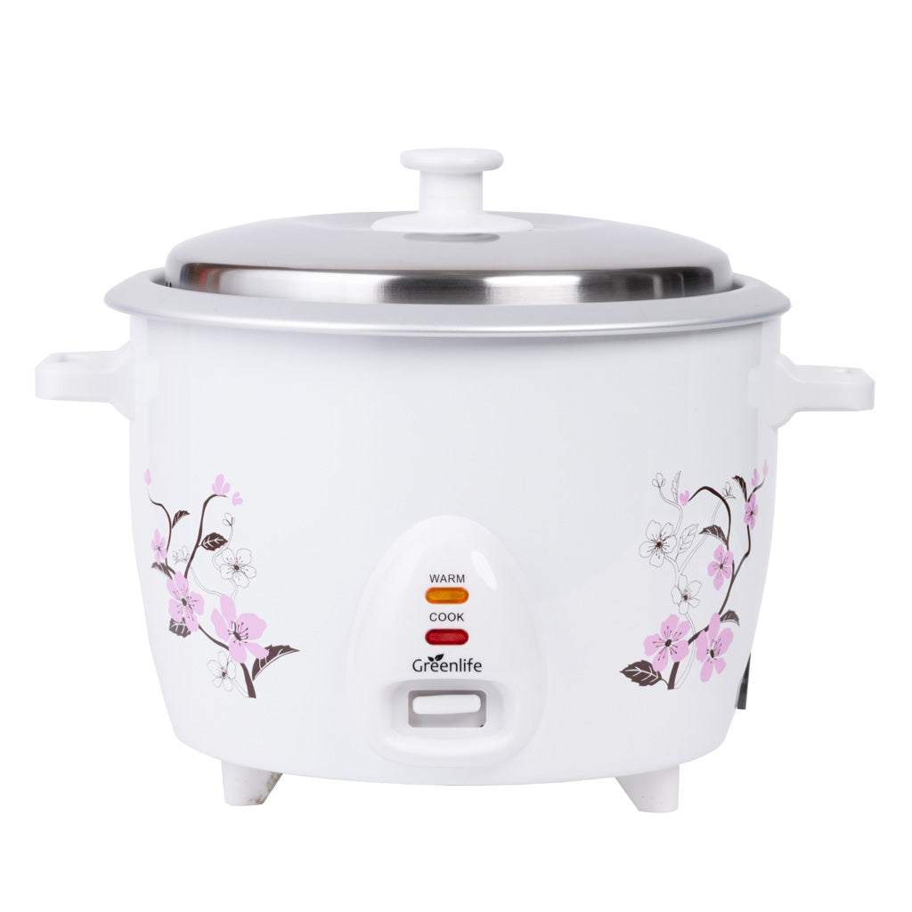 Green Life 1.8L rice cooker side view showing stainless steel construction and steamer basket, available in Sri Lanka

