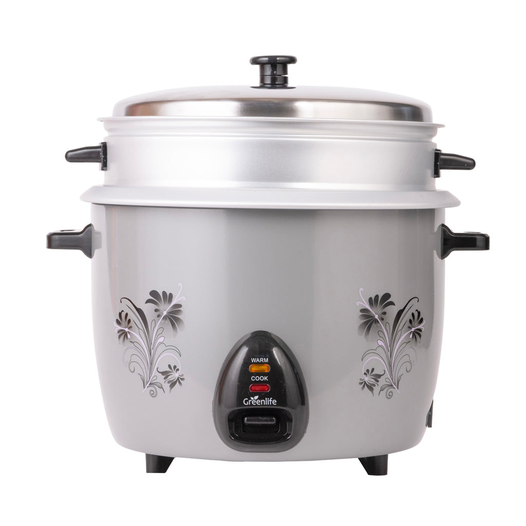Green Life 2.8L rice cooker side view showing control panel and stainless steel finish
