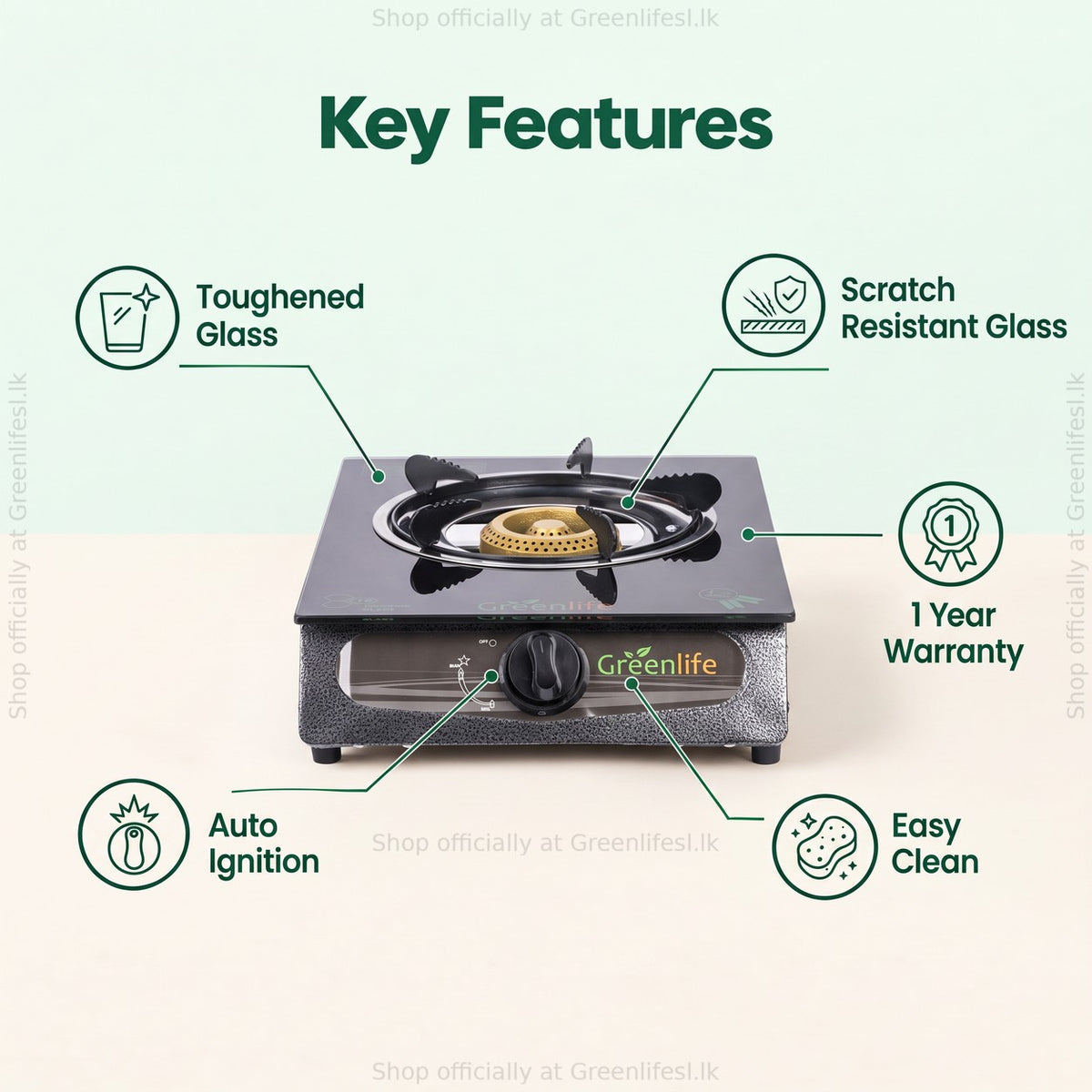 Green Life single burner glass top gas stove features: toughened scratch resistant glass, auto ignition, easy clean