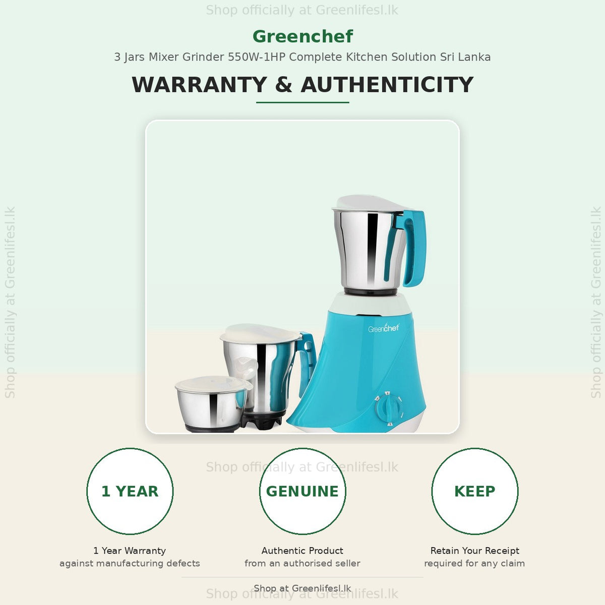 GreenChef 3-jar mixer grinder 550W, 1 year warranty against manufacturing defects
