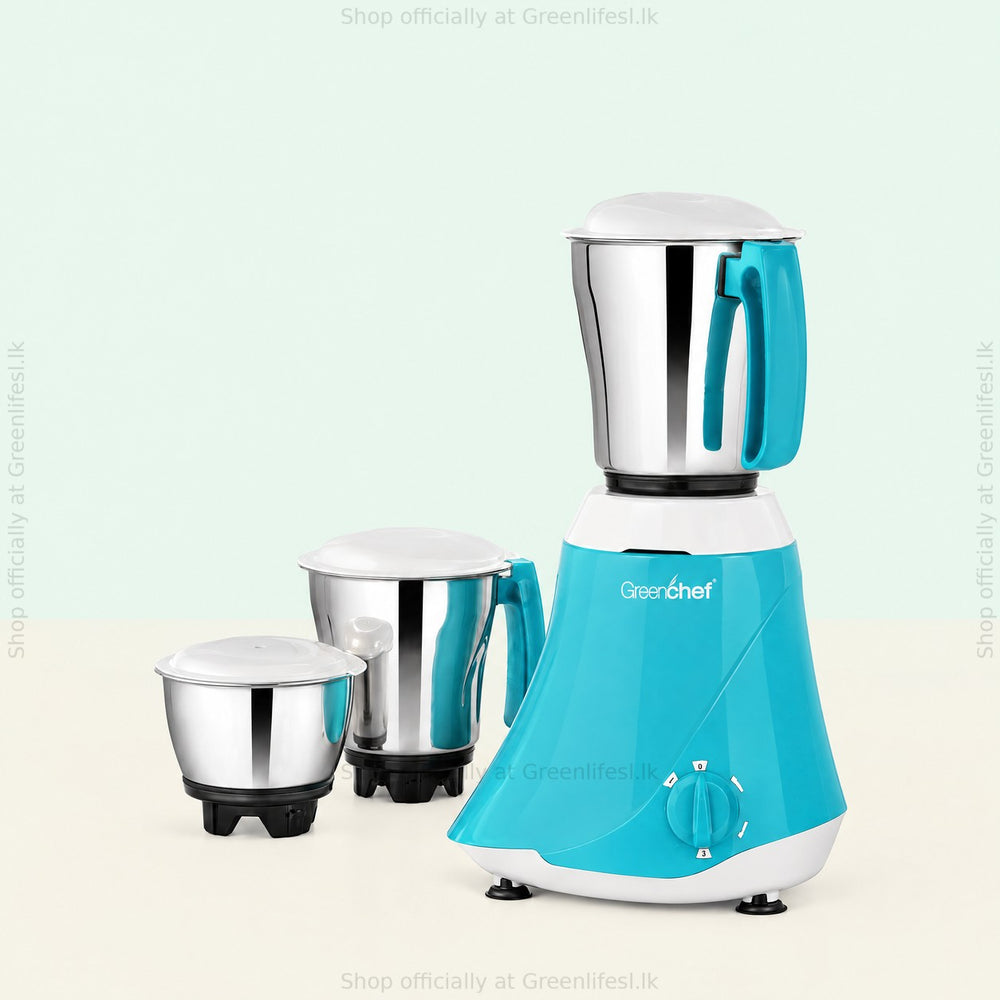 GreenChef 3-jar mixer grinder 550W from another angle with all three stainless jars