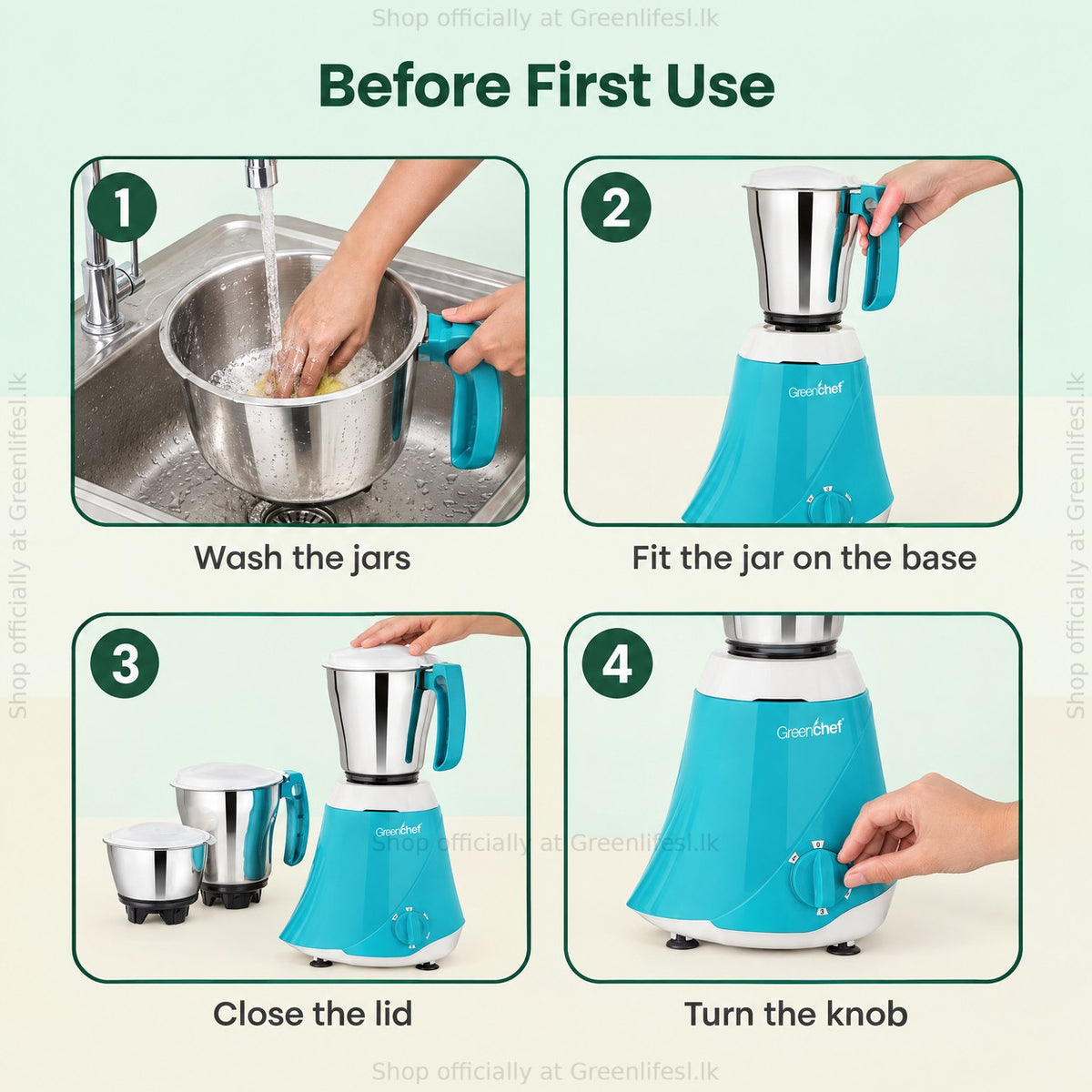 GreenChef 3-jar mixer grinder 550W before first use: wash the jars, fit a jar, close the lid, turn the knob