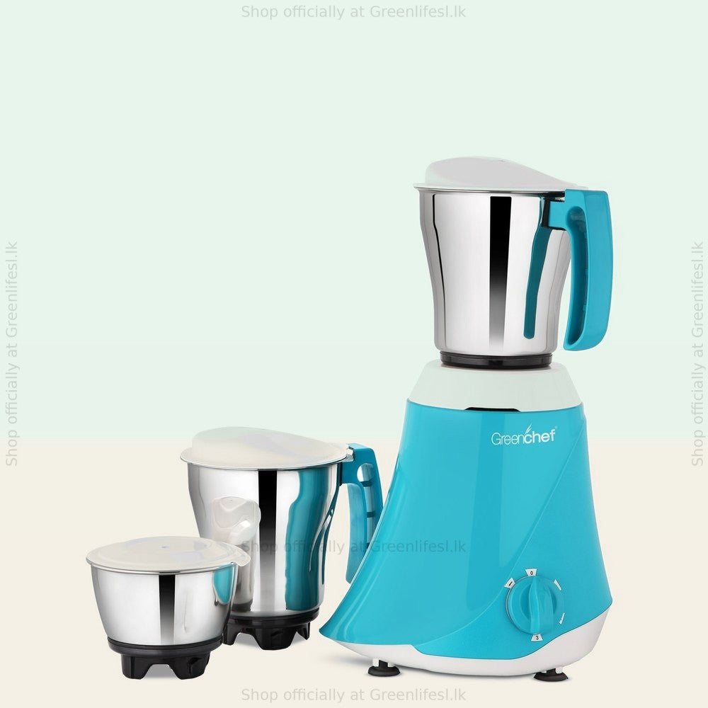 GreenChef 3-jar mixer grinder 550W, turquoise base with large steel jar fitted and two smaller jars