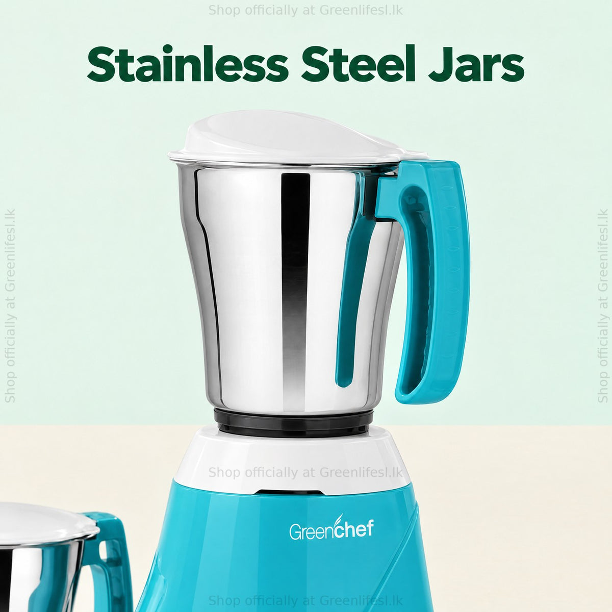 GreenChef 3-jar mixer grinder 550W, close-up of the large stainless steel jar