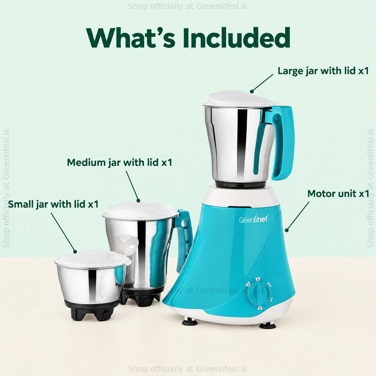 GreenChef 3-jar mixer grinder 550W, what's included: motor unit plus large, medium and small jars with lids