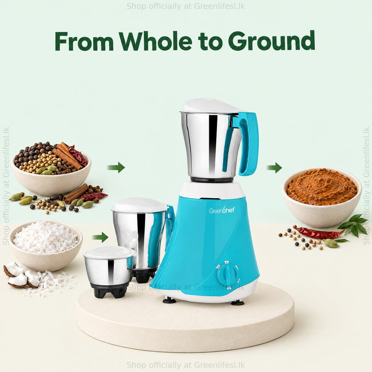 GreenChef 3-jar mixer grinder 550W grinds whole spices and rice into powder and paste