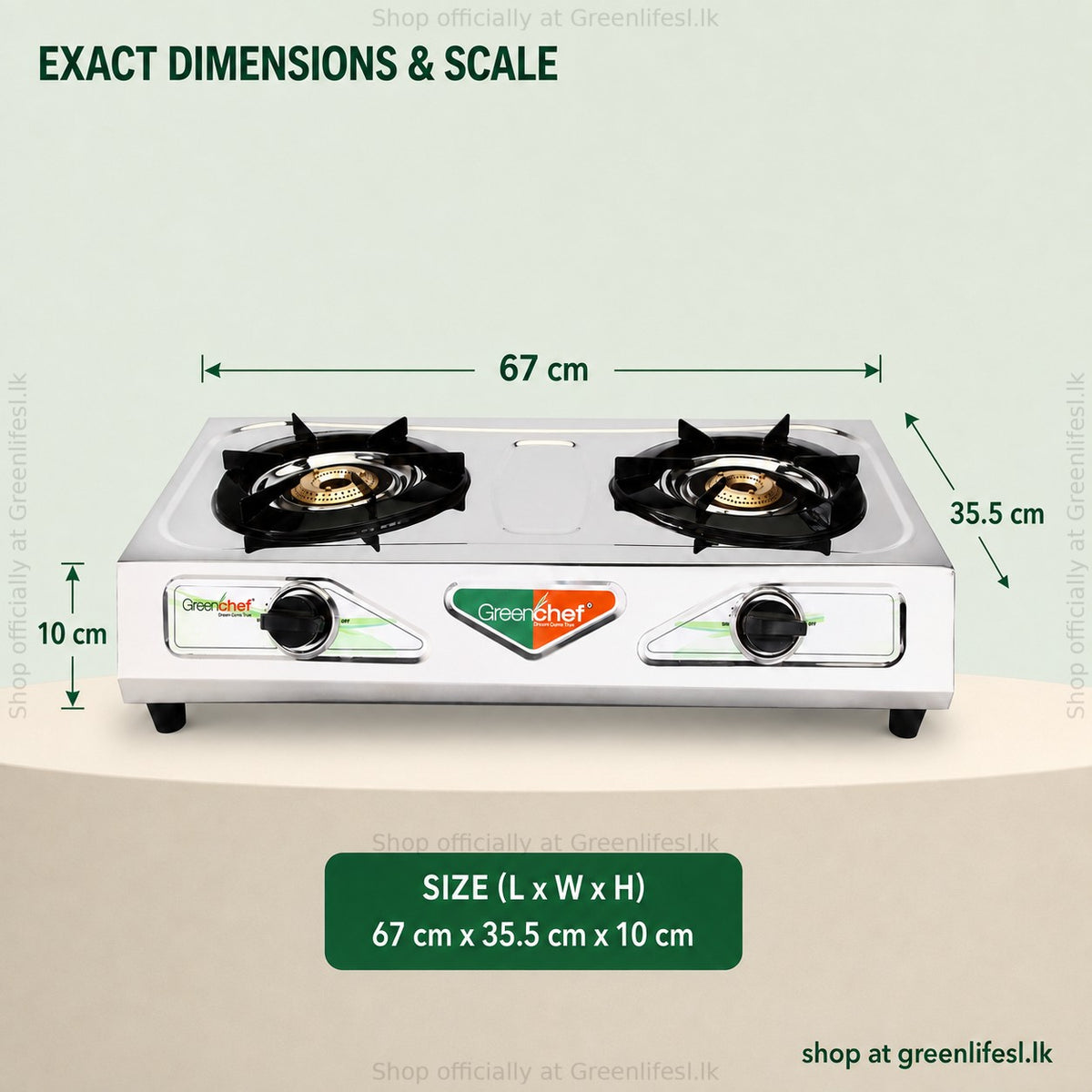 GreenChef Chandini 2-burner auto ignition gas stove dimensions: 67 x 35.5 x 10 cm