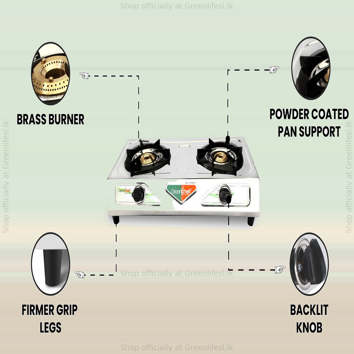 GreenChef Chandini 2-burner auto ignition gas stove features: brass burner, powder coated pan support, backlit knob