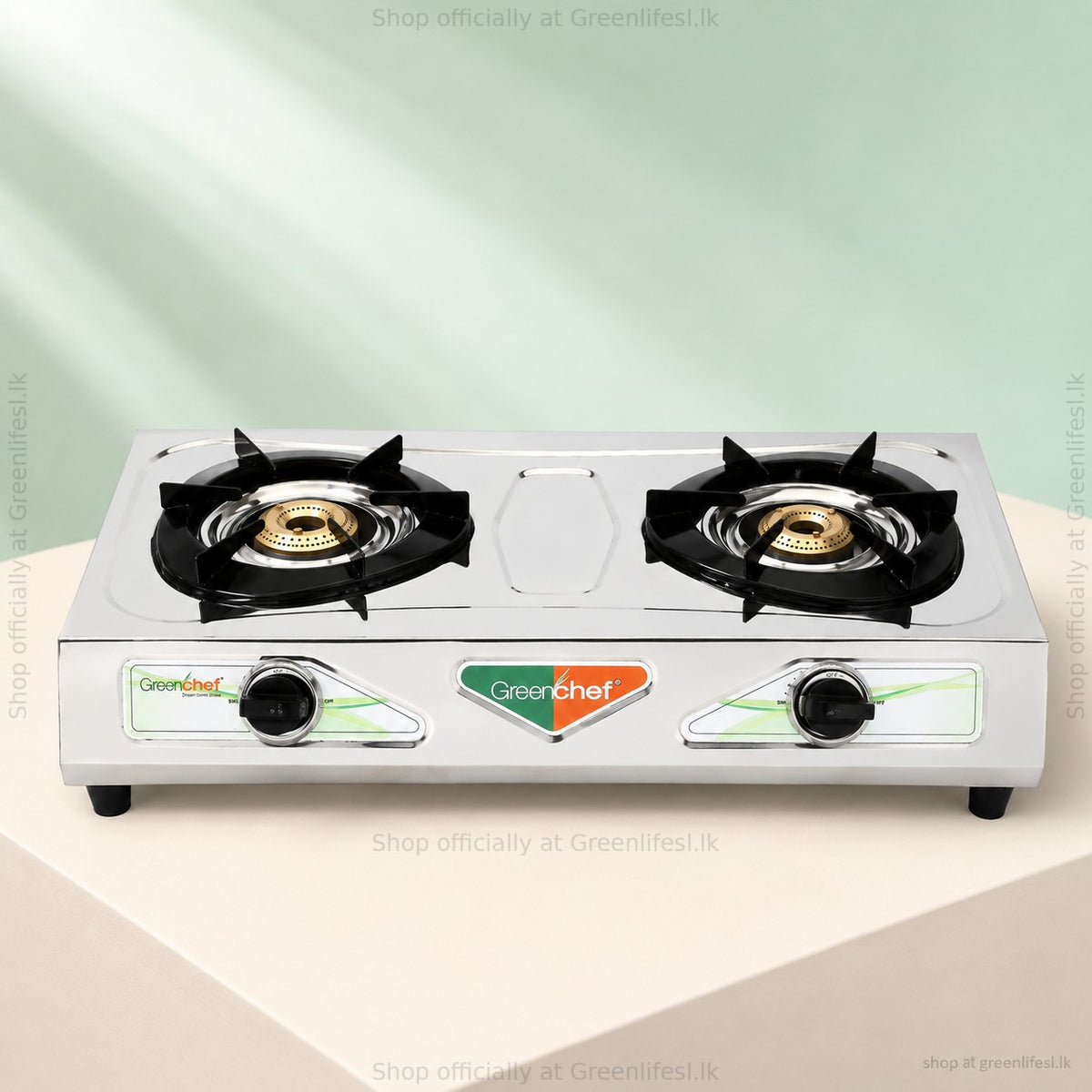 GreenChef Chandini 2-burner auto ignition gas stove in stainless steel with brass burners, front view